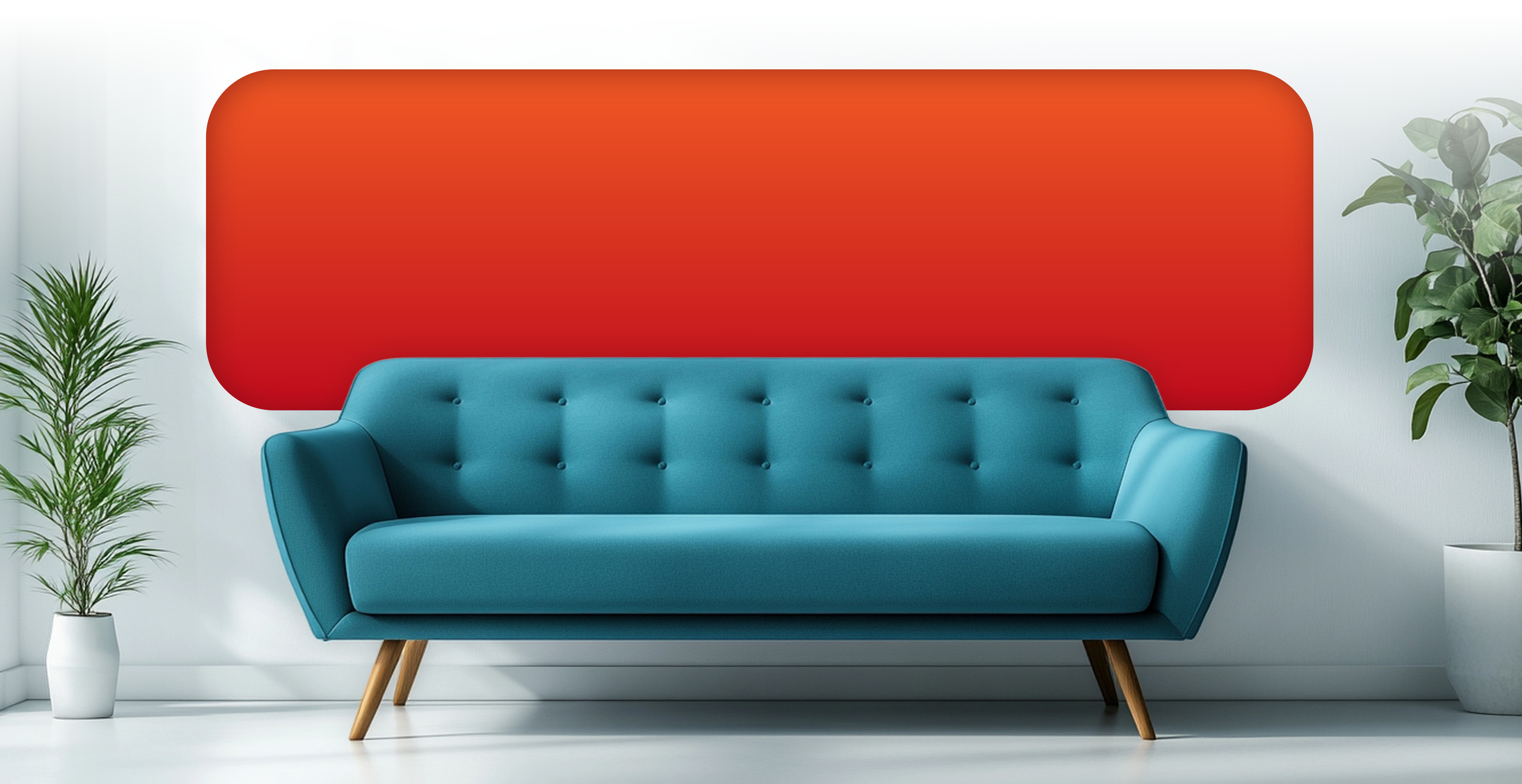 Teal sofa in a bright room with plants